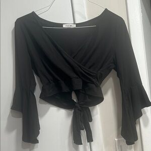 Black Wrap Womens Crop Top with Bell Sleeves size Large 🖤